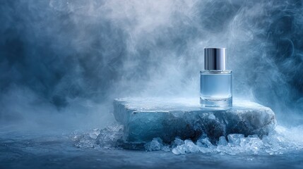 Still life of skincare product on frosted glass slab, icy mist in the air, pale blue and soft grey tones, minimal composition