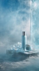 Still life of skincare product on frosted glass slab, icy mist in the air, pale blue and soft grey tones, minimal composition