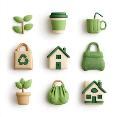 Zero waste icon set in clay: no plastic symbol, biodegradable cup, green sprout, cloth bag, eco house