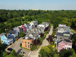 Colorful new modernist homes near downtown Raleigh with Dix Park in the distance