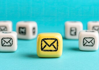 Yellow cube with email symbol, surrounded by white cubes with same symbol, on a teal background