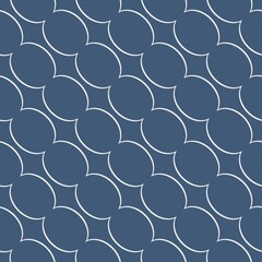 Interlocking circular patterns create a geometric design on a dark gray background. The repetitive white lines form a visually striking, symmetrical arrangement.