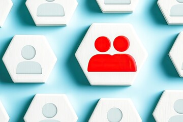 Red user icon on a light blue background of hexagonal user icons