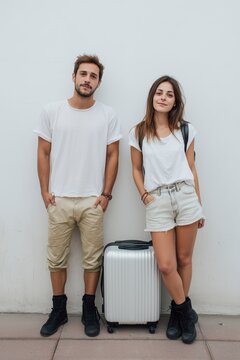 Hombre y mujer j&oacute;venes con una maleta, fondo blanco