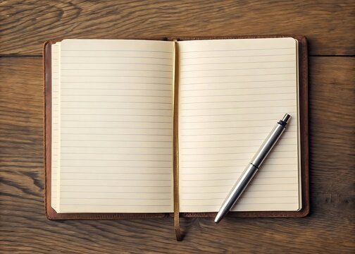 An open notebook with blank pages and a pen rests on a wooden table, inviting creativity and planning