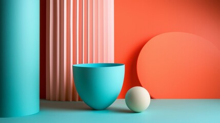 Pastel blue and coral background with cup and sphere in abstract clean geometric scene layout