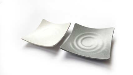 Empty square white and grey plates with ceramic melamin material isolated on white background