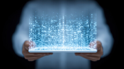 Digital tablet with glowing data stream hologram, futuristic technology concept with blue light and dark background