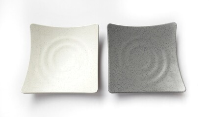Empty square white and grey plates with ceramic melamin material isolated on white background