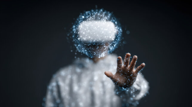 Virtual reality headset with hand gesture interacting with floating digital particles in dark background