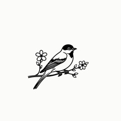 Obraz premium Black and white bird illustration perched on branch with flowers 