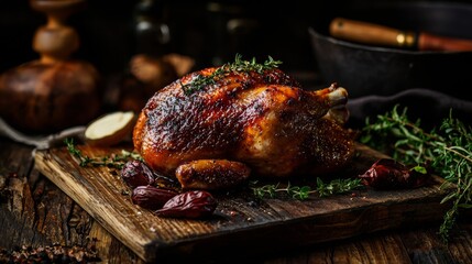 Roasted chicken on wooden cutting board with herbs and mushrooms food photography rustic dinner concept