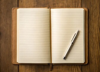 An open notebook with blank pages and a pen rests on a wooden table, inviting creativity and planning