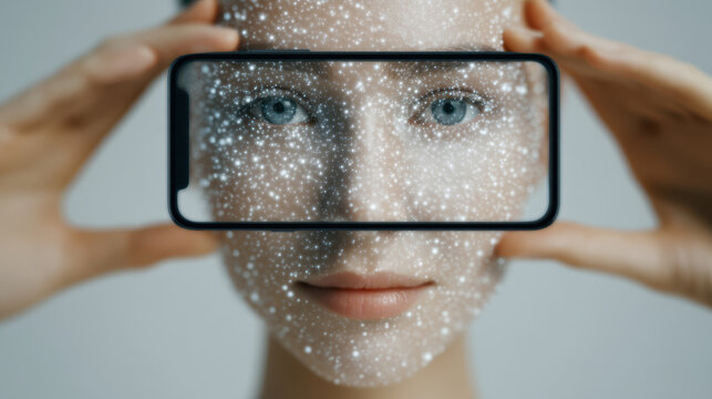 Face recognition technology scanning human face with digital dots and smartphone held by hands