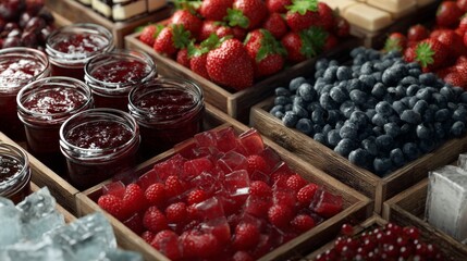 Colorful market fruit stand with berries and jars rustic packaging healthy lifestyle farm food concept