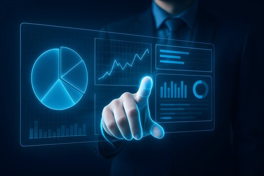 A businessman interacts with a futuristic digital interface displaying various charts and graphs, representing data analysis and business insights.