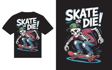 Skeleton skater wearing a plaid shirt and baseball cap rides a skateboard with the text skate or die t shirt design