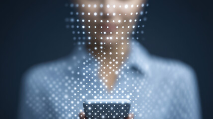 Holographic AI concept with connected dots projecting above smartphone, futuristic technology and digital innovation