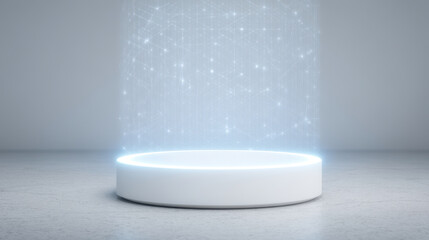 Holographic digital network projection above white round platform glowing with futuristic light in empty space