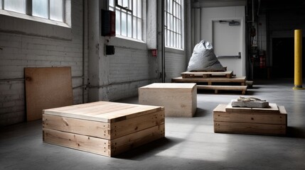 Industrial warehouse with wooden crates arranged on floor in empty factory logistics shipping space interior