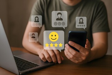 A person reviews customer feedback on a smartphone and laptop, showcasing positive reviews.