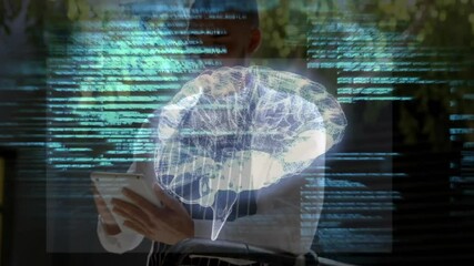 Technology specialist tapping tablet, rotating holographic brain and streaming code for research - Powered by Adobe