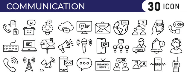 Communication icon set. Containing speak, phone, mail, contact, chat, website, satellite, radio, antenna, message, connection, news and more