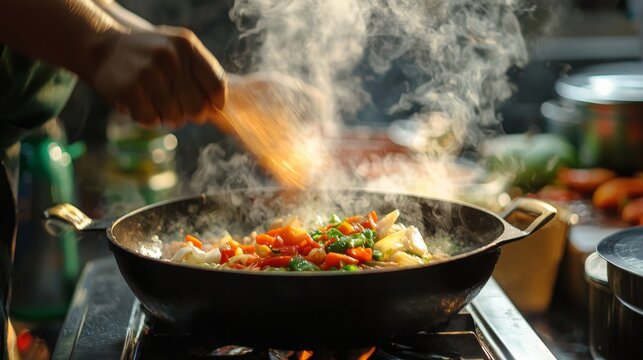 Chef cooking vegetable stir fry in hot pan kitchen steam rising from skillet action capture