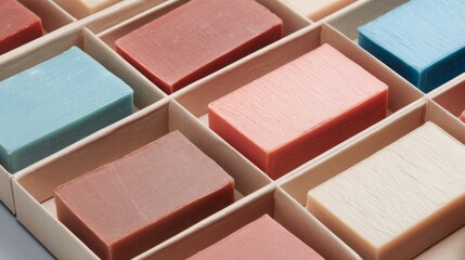 Fototapeta premium Assorted handmade soap bars in cardboard boxes clean skincare organic hygiene product packaging display