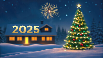 Fototapeta premium Christmas scene with illuminated tree house fireworks and 2025 text in snowy winter landscape