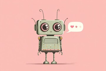 Cute cartoon robot with antennas and big eyes, emitting hearts in a speech bubble on a pink background, symbolizing love and friendliness of artificial intelligence
