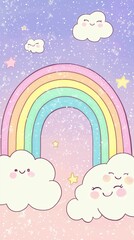 Cute Rainbow with Happy Clouds and Stars in Sky