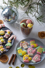 Christmas marshmallows. Winter candy. Sweet food for ugly sweater party in december