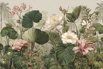 Lush tropical flowers and palm trees creating a serene jungle landscape