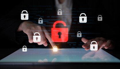 Digital security concept illustrating a cybersecurity breach, with a red unlocked padlock...