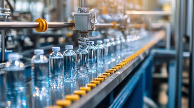 Industrial bottling line with transparent plastic bottles moving on automated machinery production system