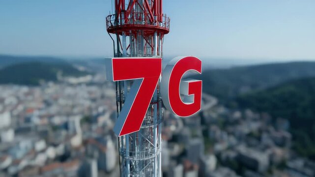Aerial view of 7g cellular tower over cityscape depicting technological advancement