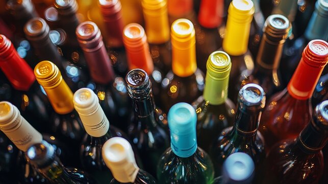 Colorful bottle caps top view showing wine beverage arrangement on store shelf bar drink layout - Powered by Adobe