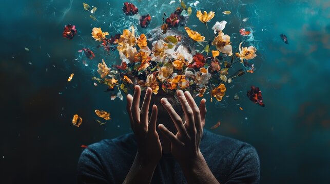 Surreal visual with flowers exploding from man’s head in dark imaginative concept emotional portrait art