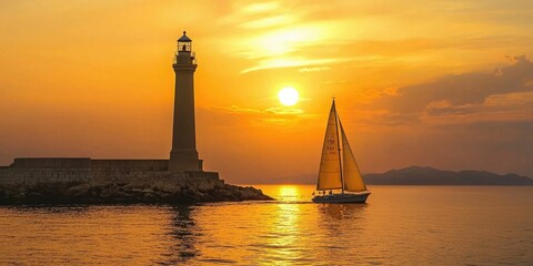 Poetic scene with sailboat passing a lighthouse at golden hour