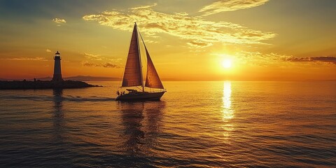 Poetic scene with sailboat passing a lighthouse at golden hour