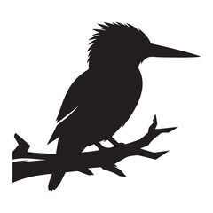 Kingfisher perched on branch vector silhouette, Wildlife animals.