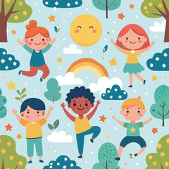 Fototapeta premium Joyful Kids Seamless Pattern Stretching, Playing Under Trees