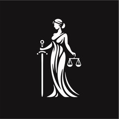 Minimalist Black and White Vector Logo of Greek Goddess of Justice and Law Themis with Sword and Scales