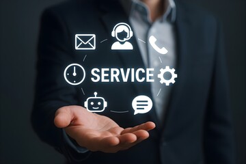 A businessman displays various digital service icons, highlighting customer support and technology integration.