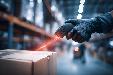 Warehouse worker scanning barcode on cardboard box using scanner device