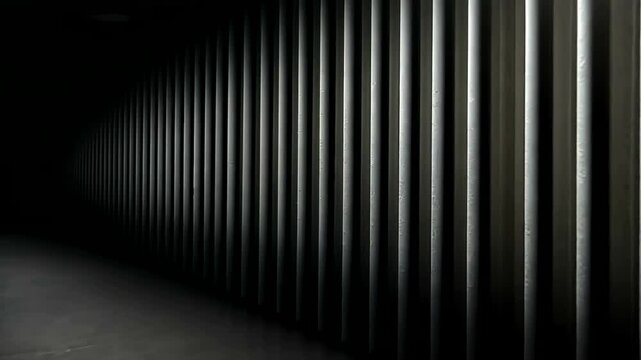 Dramatic perspective of parallel metal structures in dark environment creates depth