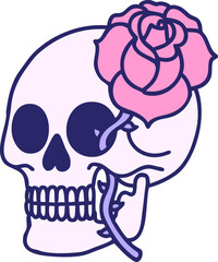 iconic tattoo style image of a skull and rose in bright neon color