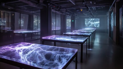 Interactive holographic tables visualizing AI data analytics in a spacious future research lab