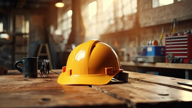 Yellow hard hat and coffee on wooden table in workshop. Industry safety.